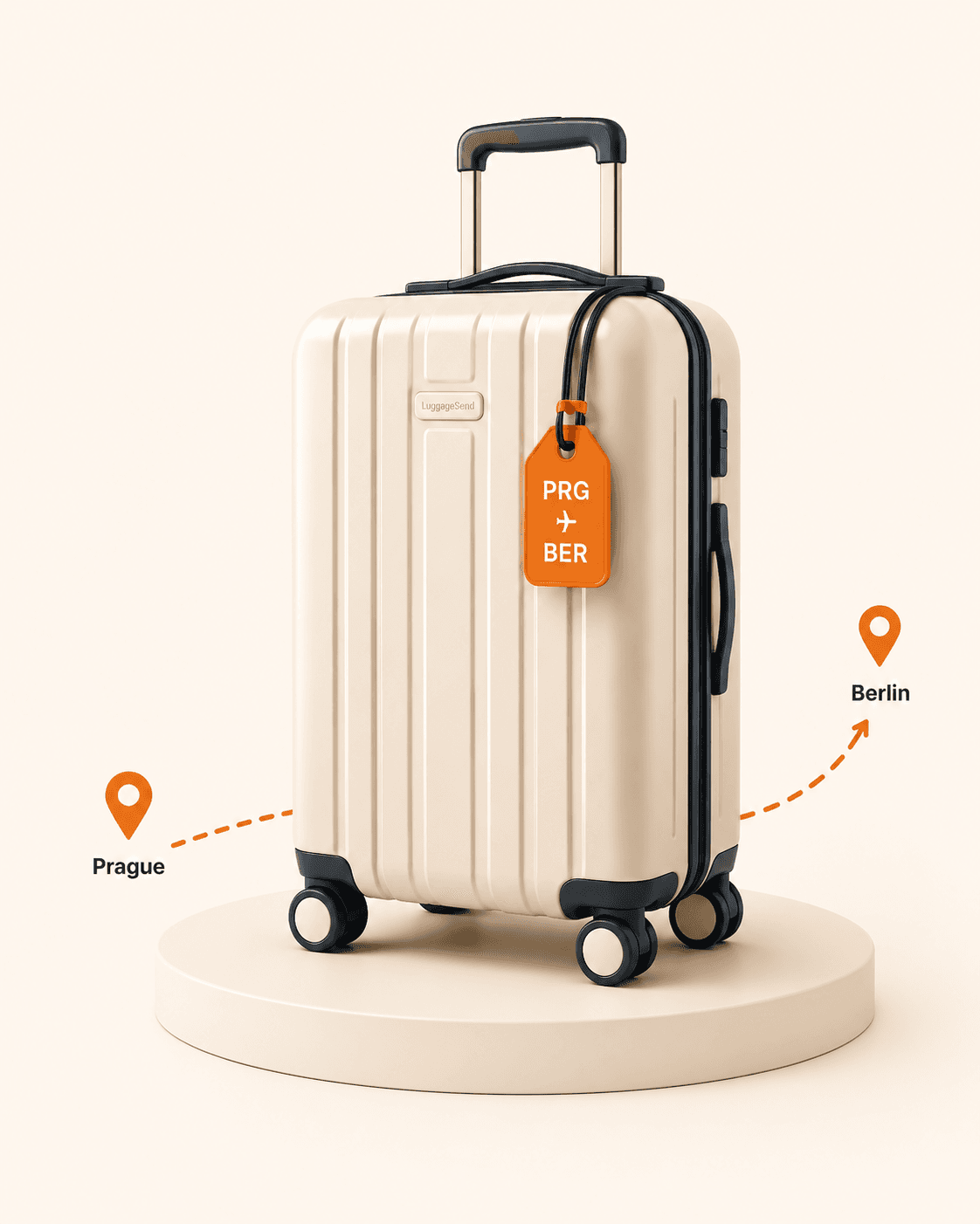 Cream suitcase with a PRG–BER tag on a pedestal, route Prague → Berlin
